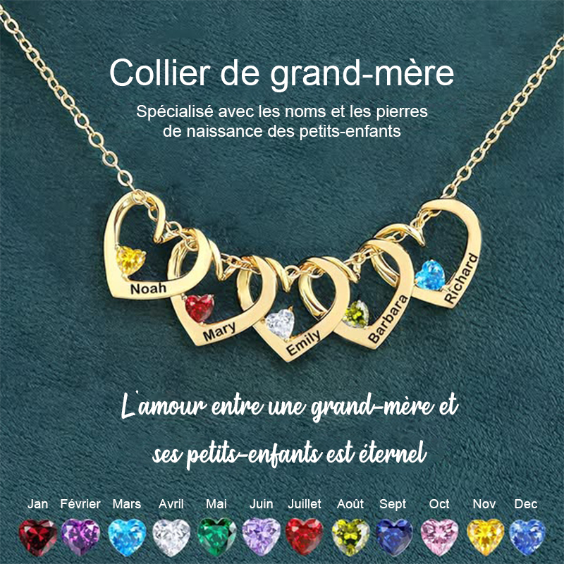 Collier personnalisé avec pierre de naissance et nom en forme de cœur pour maman et grand-mère