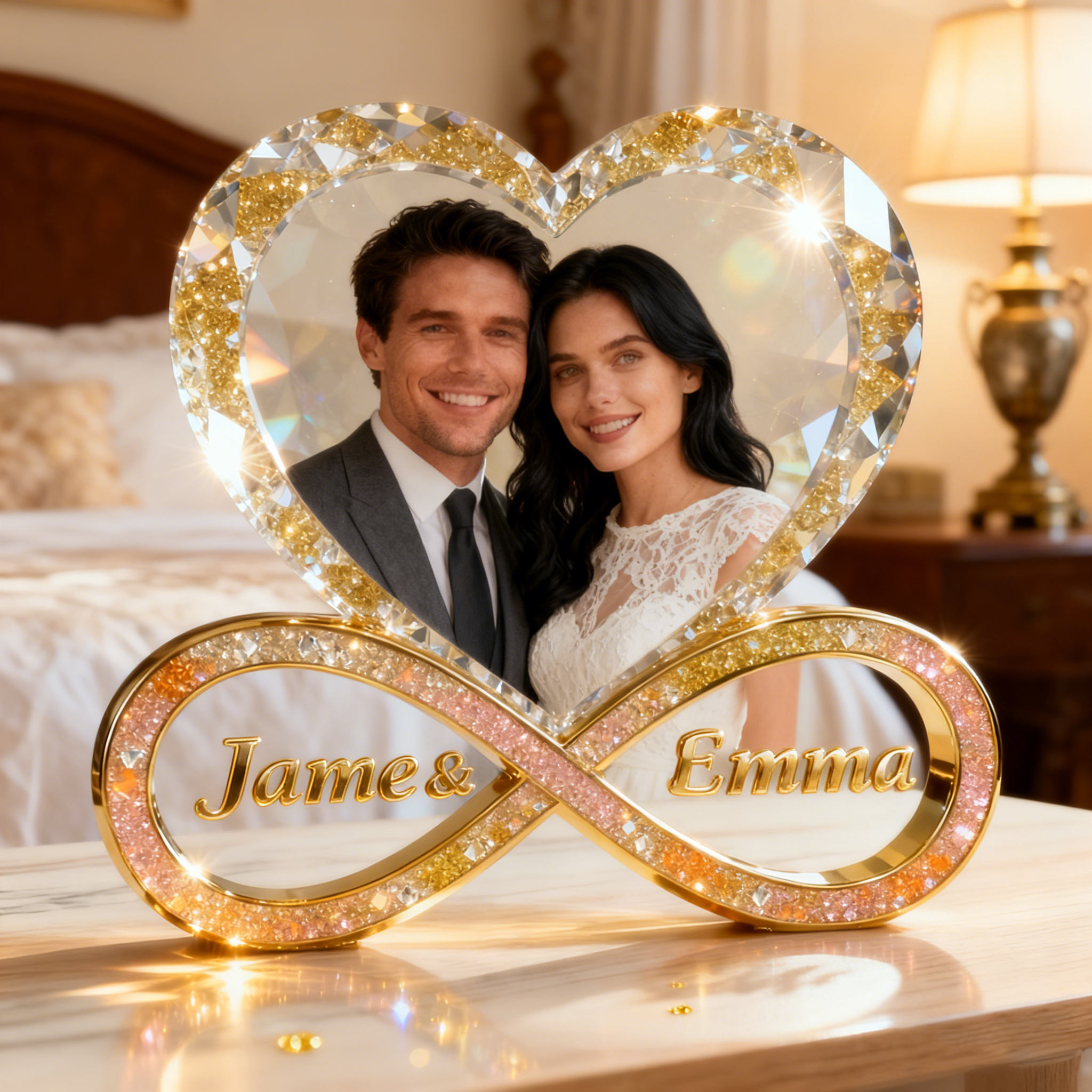 Ornement personnalisé de symbole d'infini de portrait de couples