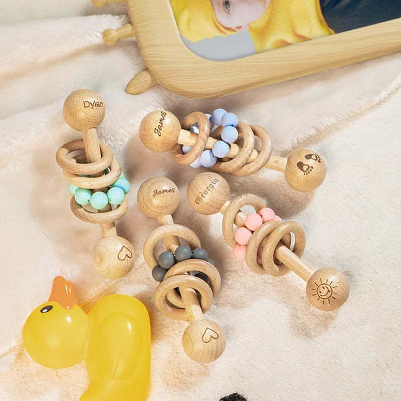 Personalized Wooden Baby Rattle with Engraved Name for Infant Baby Shower Birthday Gift