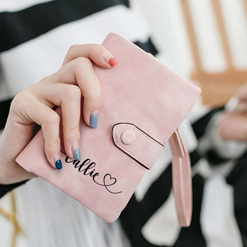Personalized Name with Heart Design Tri-Fold PU Leather Wristlet Wallet with Card Holder Birthday Christmas Gift for Women