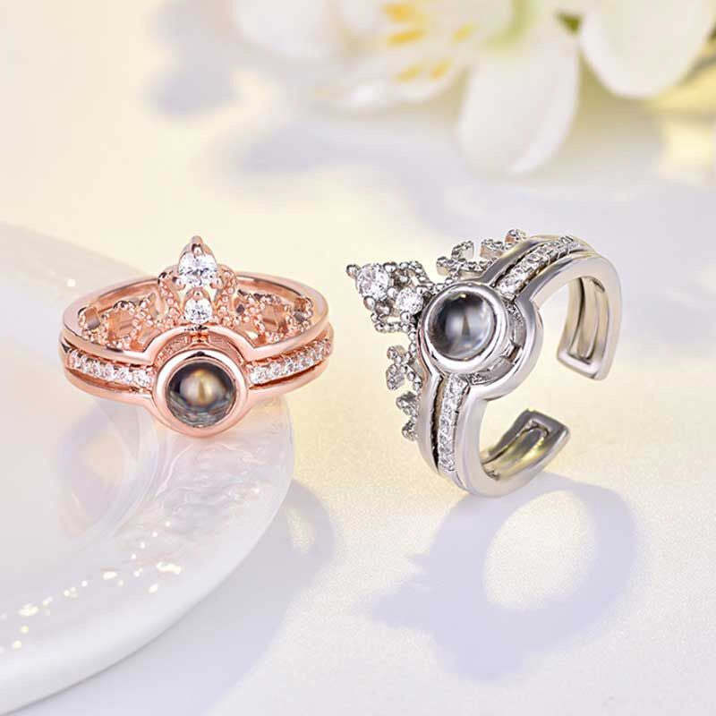 Bague personnalisée avec projection photo et couronne en forme de cœur deux en un