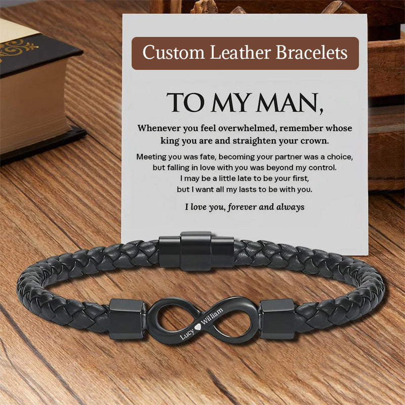To My Man, Personalized Dual Name Infinity Leather Bracelet