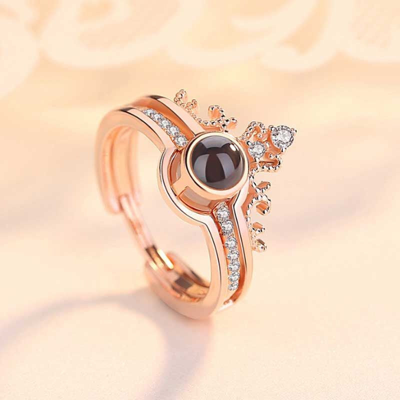 Bague personnalisée avec projection photo et couronne en forme de cœur deux en un