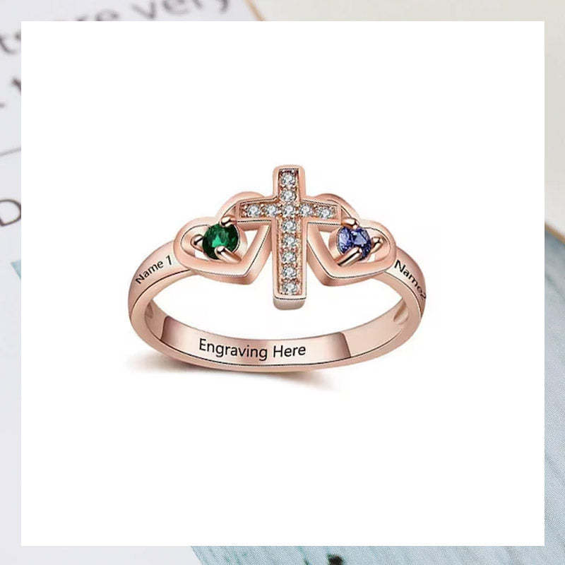 Bague en argent sterling avec nom personnalisé, pierre de naissance, promesse, croix