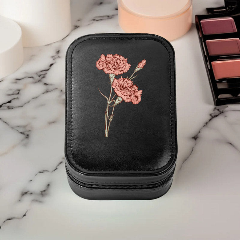 Boîte à bijoux portable avec fleur de naissance personnalisée, boîte à maquillage