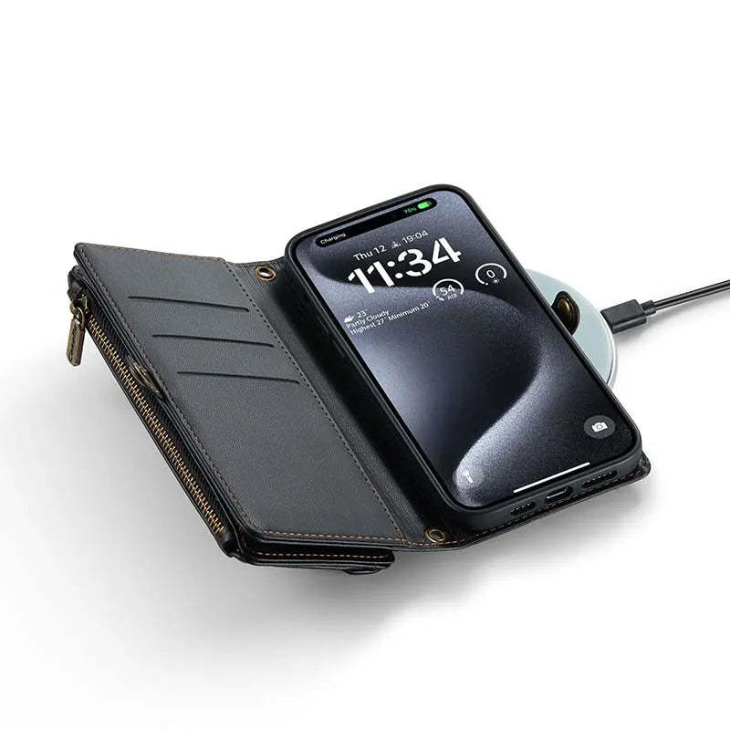 Étui portefeuille à fermeture éclair pour téléphone portable, porte-cartes, lettre personnalisée - Pour iPhone et Samsung