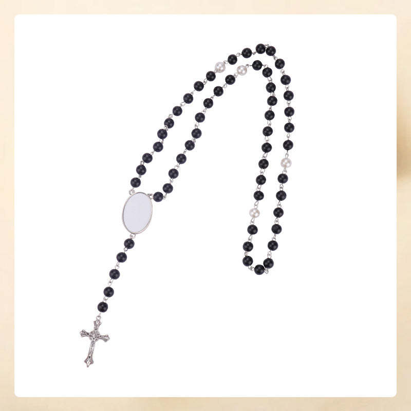 Personalized Multi-Color Rosary Beads Cross Necklace with Photo Memorial Gift for Women