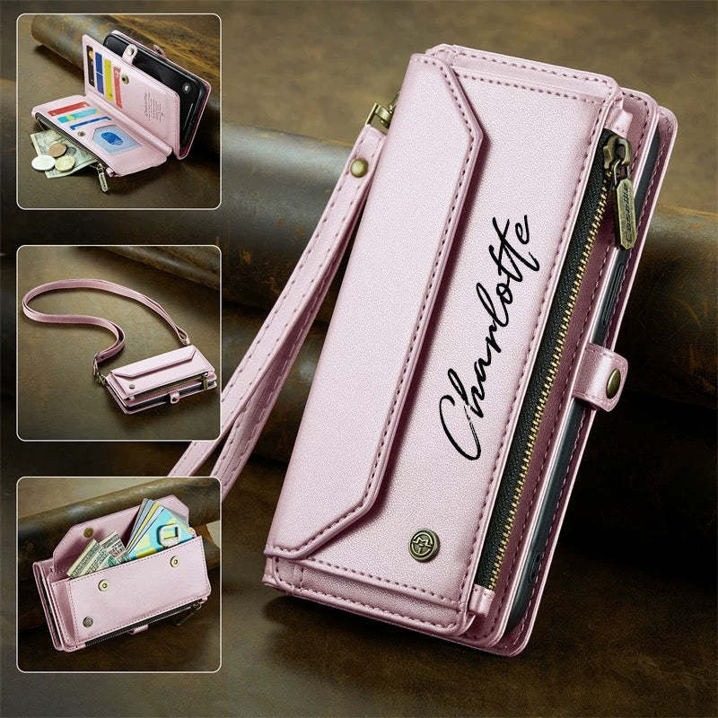 Étui portefeuille à fermeture éclair pour téléphone portable, porte-cartes, lettre personnalisée - Pour iPhone et Samsung