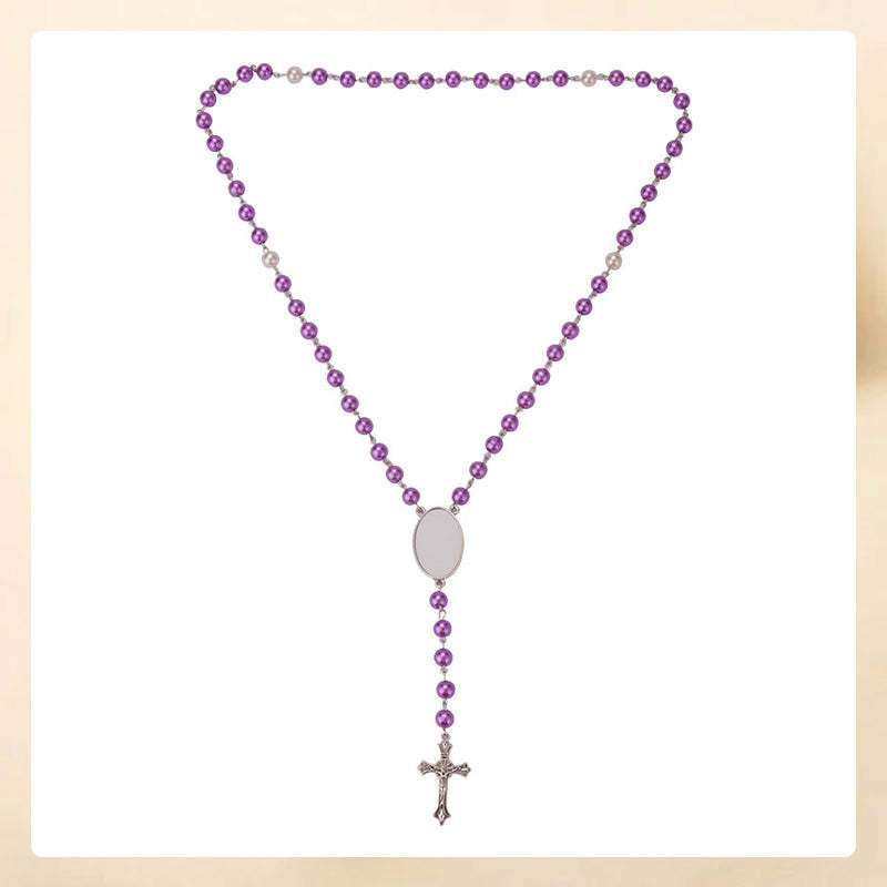 Personalized Multi-Color Rosary Beads Cross Necklace with Photo Memorial Gift for Women
