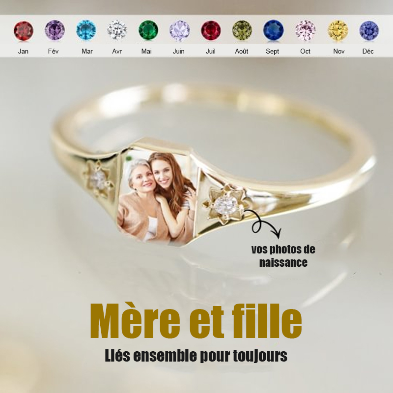 Bague avec pierre de naissance et photo personnalisée