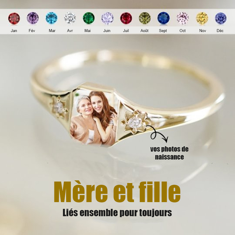 Bague avec pierre de naissance et photo personnalisée