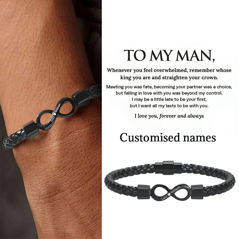 To My Man, Personalized Dual Name Infinity Leather Bracelet