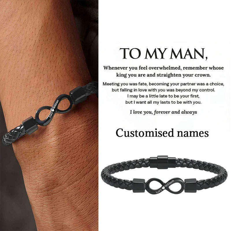 To My Man, Personalized Dual Name Infinity Leather Bracelet