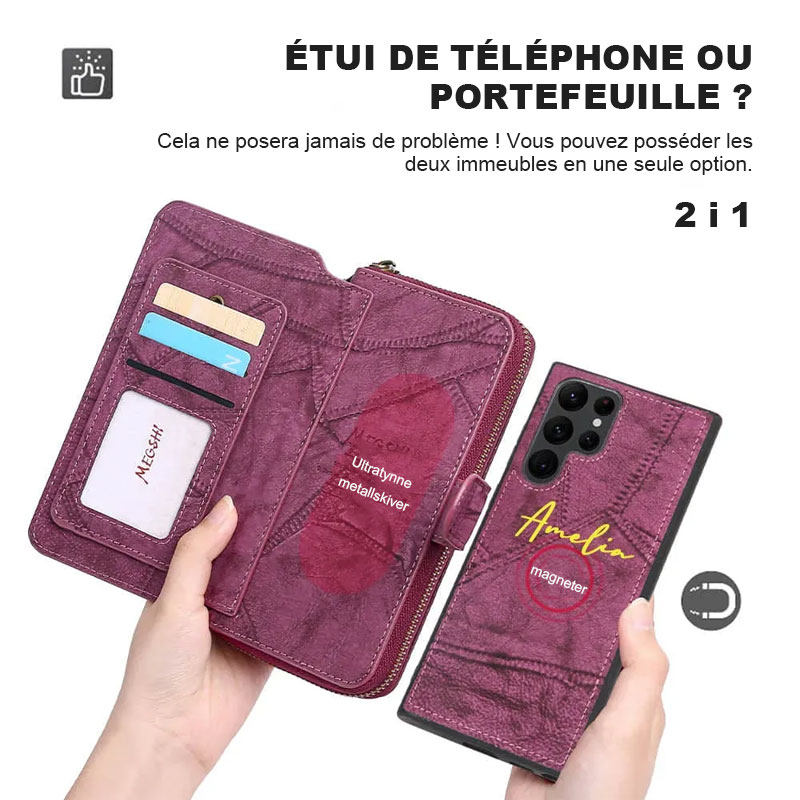 Étui de téléphone détachable avec portefeuille à fermeture éclair monogramme personnalisé