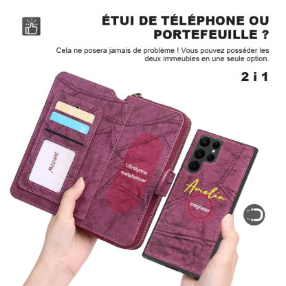 Étui de téléphone détachable avec portefeuille à fermeture éclair monogramme personnalisé