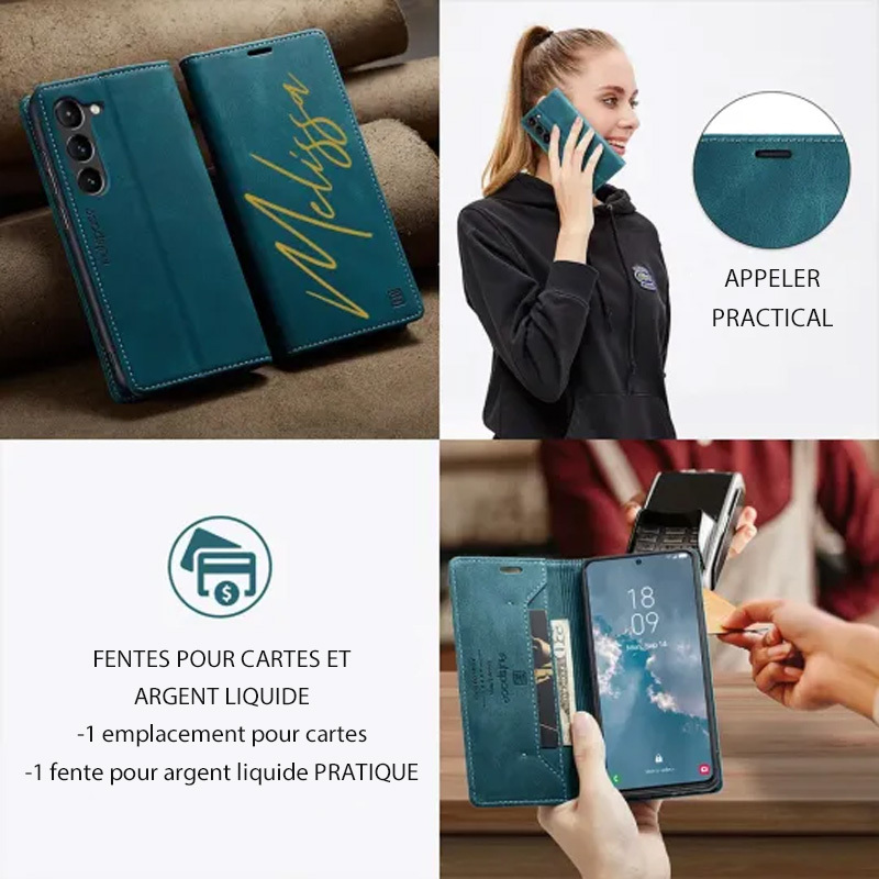 Étui de téléphone portefeuille magnétique avec porte-carte monogramme personnalisé