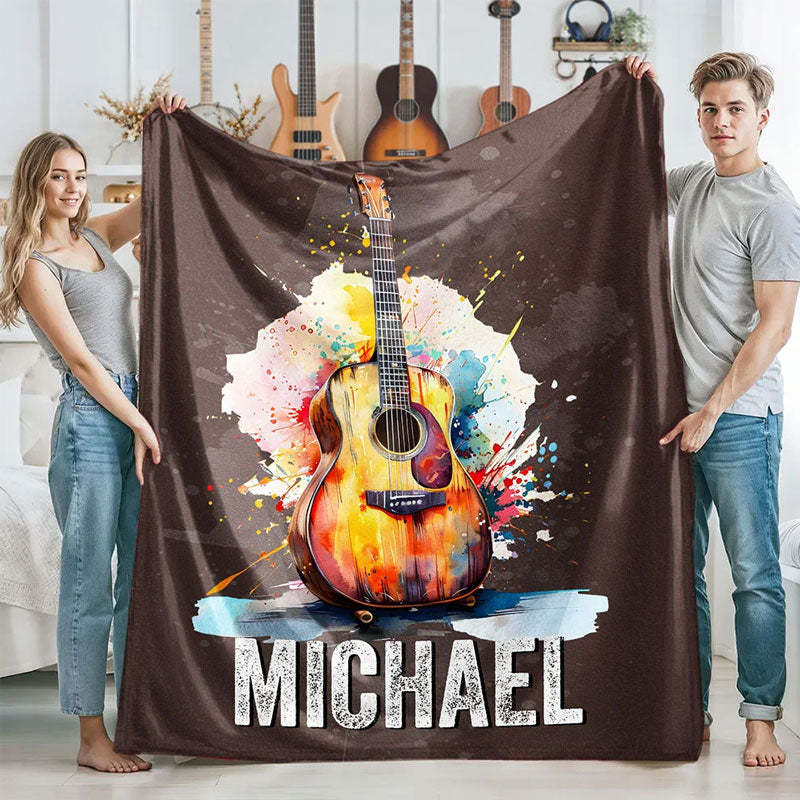 Personalized Multicolor Splash Ink Electric Guitar Soft Throw Blanket with Name Music Room Decor Gift for Guitar Player