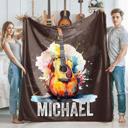 Personalized Multicolor Splash Ink Electric Guitar Soft Throw Blanket with Name Music Room Decor Gift for Guitar Player