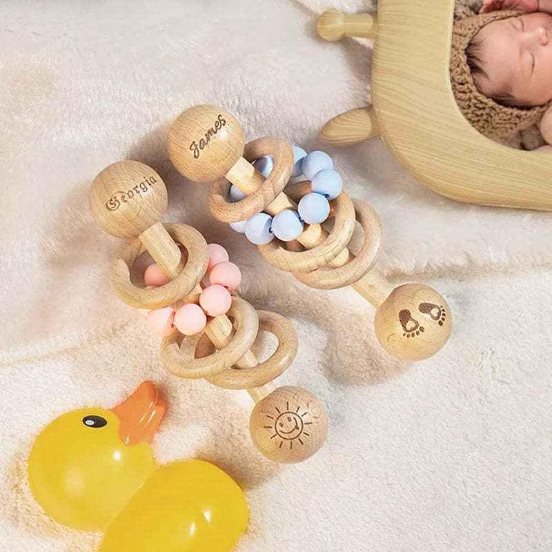 Personalized Wooden Baby Rattle with Engraved Name for Infant Baby Shower Birthday Gift