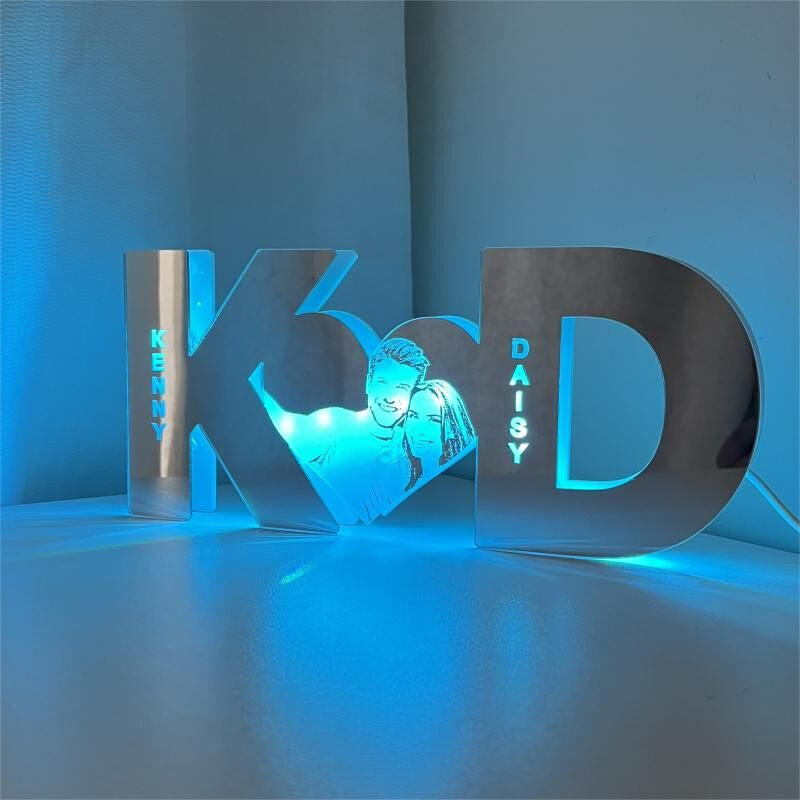 Miroir lumineux à LED personnalisé avec initiales et photo de couple personnalisées, cadeau romantique pour la Saint-Valentin