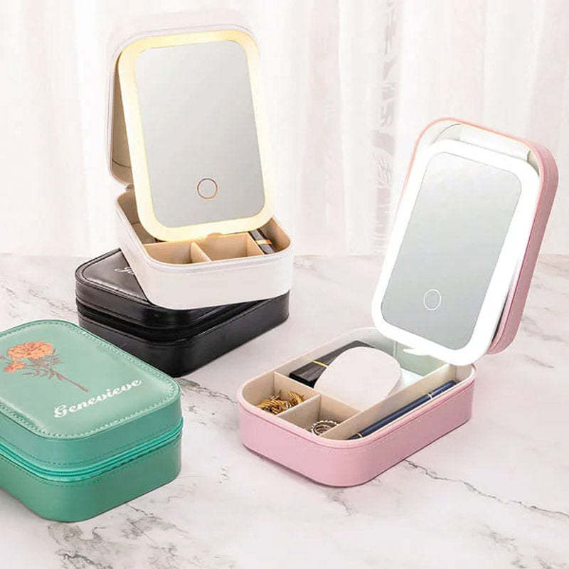 Boîte à bijoux portable avec fleur de naissance personnalisée, boîte à maquillage