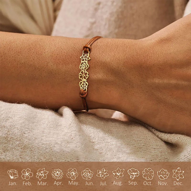 Bracelet en cuir avec fleur de naissance personnalisée