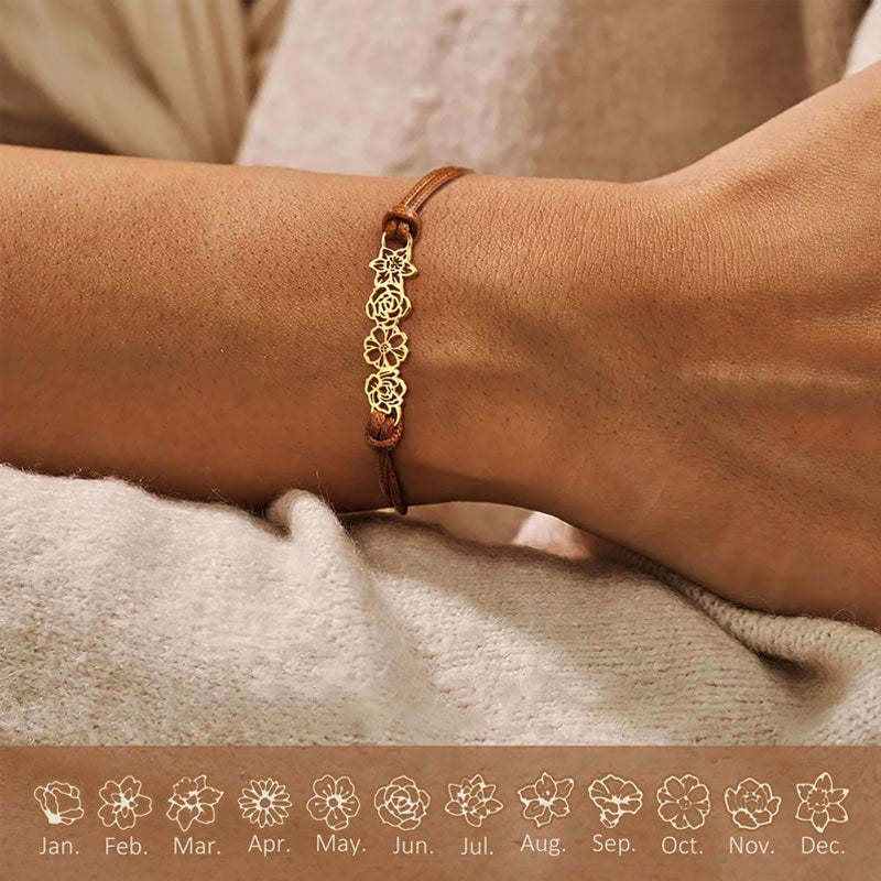 Bracelet en cuir avec fleur de naissance personnalisée