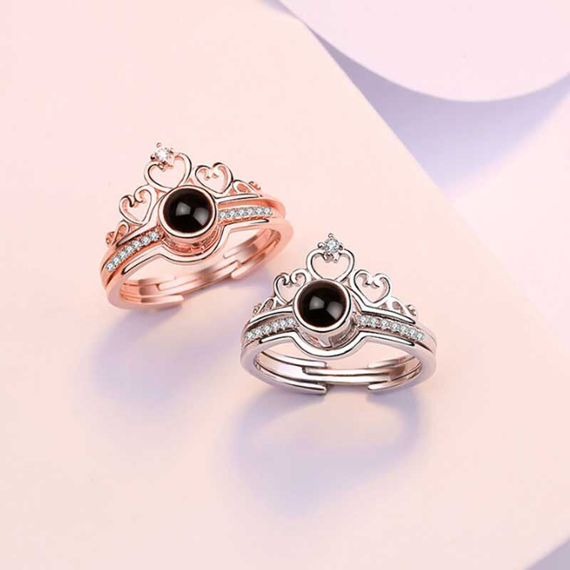 Bague personnalisée avec projection photo et couronne en forme de cœur deux en un