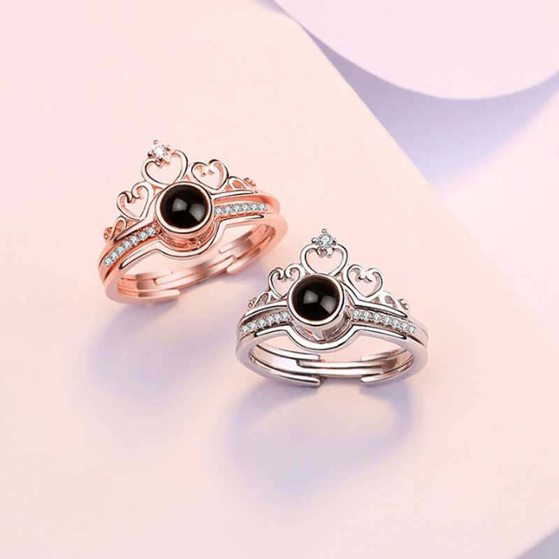 Bague personnalisée avec projection photo et couronne en forme de cœur deux en un