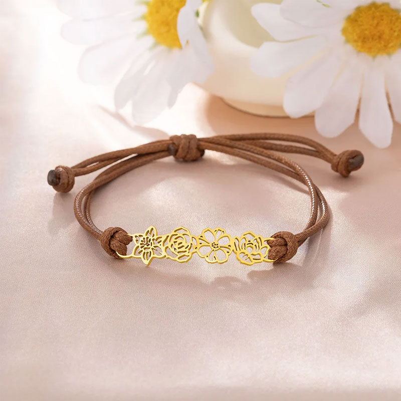 Bracelet en cuir avec fleur de naissance personnalisée