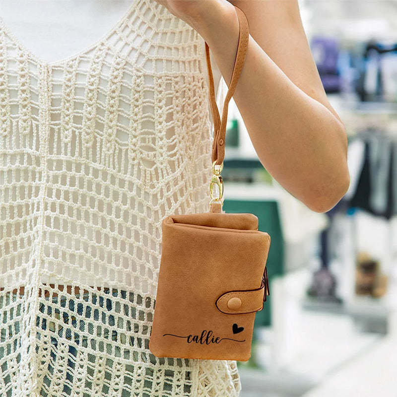 Personalized Name with Heart Design Tri-Fold PU Leather Wristlet Wallet with Card Holder Birthday Christmas Gift for Women