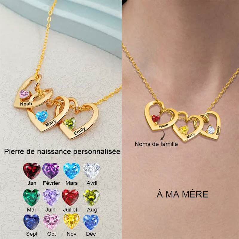 Collier personnalisé avec pierre de naissance et nom en forme de cœur pour maman et grand-mère