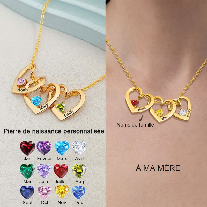 Collier personnalisé avec pierre de naissance et nom en forme de cœur pour maman et grand-mère