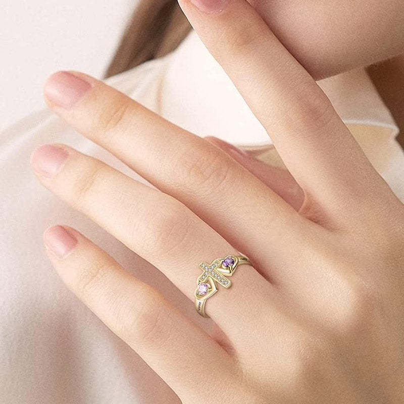 Bague en argent sterling avec nom personnalisé, pierre de naissance, promesse, croix
