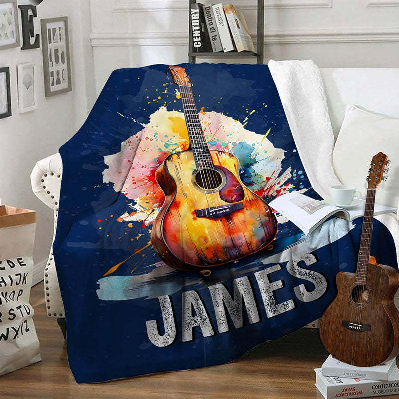 Personalized Multicolor Splash Ink Electric Guitar Soft Throw Blanket with Name Music Room Decor Gift for Guitar Player