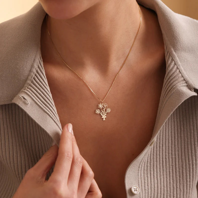 Collier de fleurs de naissance familiale, collier de bouquet de fleurs de naissance multiple, cadeau personnalisé