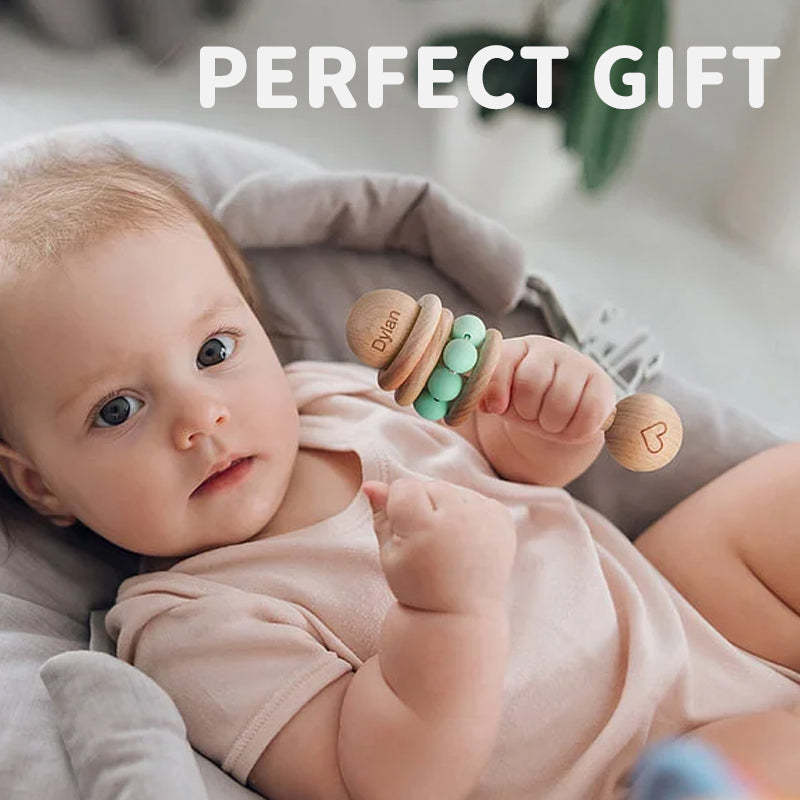 Personalized Wooden Baby Rattle with Engraved Name for Infant Baby Shower Birthday Gift