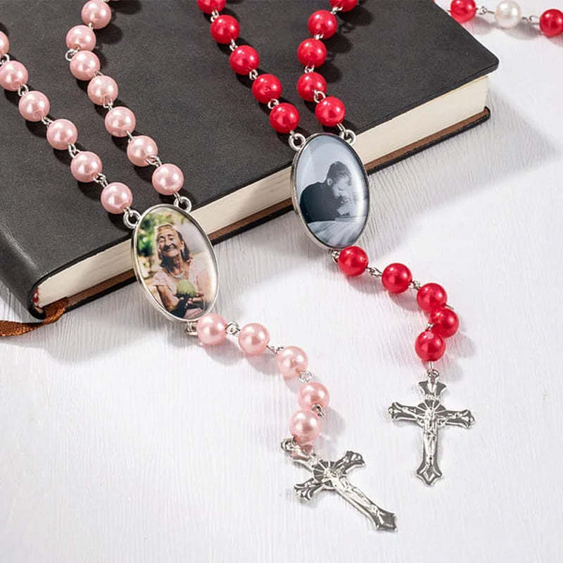 Personalized Multi-Color Rosary Beads Cross Necklace with Photo Memorial Gift for Women