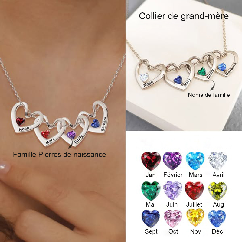 Collier personnalisé avec pierre de naissance et nom en forme de cœur pour maman et grand-mère