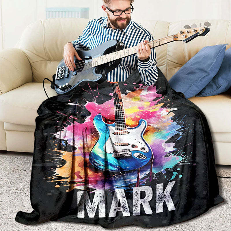 Personalized Multicolor Splash Ink Electric Guitar Soft Throw Blanket with Name Music Room Decor Gift for Guitar Player