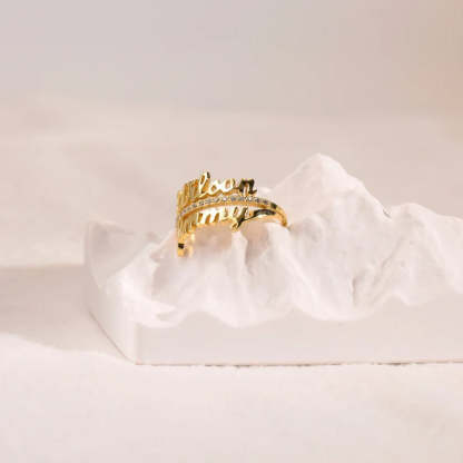 Bague double nom personnalisée avec pierres précieuses