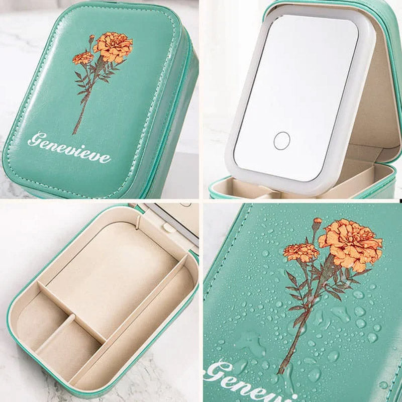Boîte à bijoux portable avec fleur de naissance personnalisée, boîte à maquillage