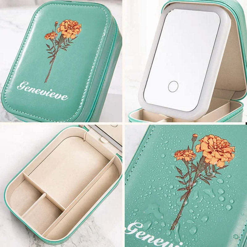 Boîte à bijoux portable avec fleur de naissance personnalisée, boîte à maquillage