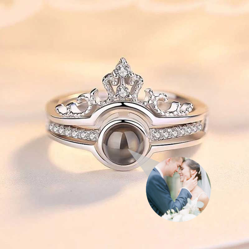 Bague personnalisée avec projection photo et couronne en forme de cœur deux en un