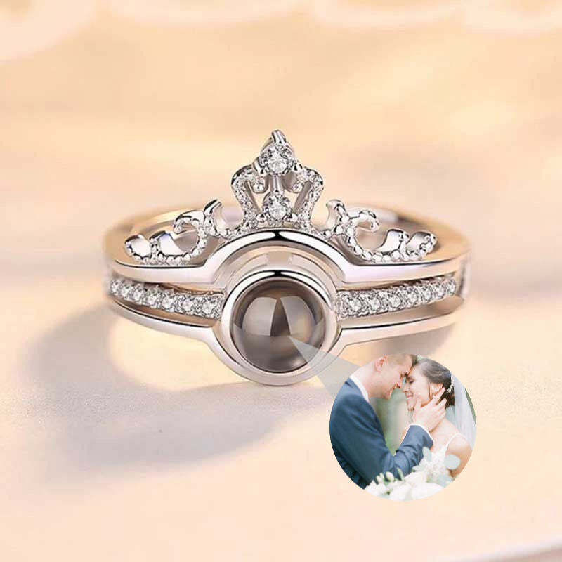 Bague personnalisée avec projection photo et couronne en forme de cœur deux en un