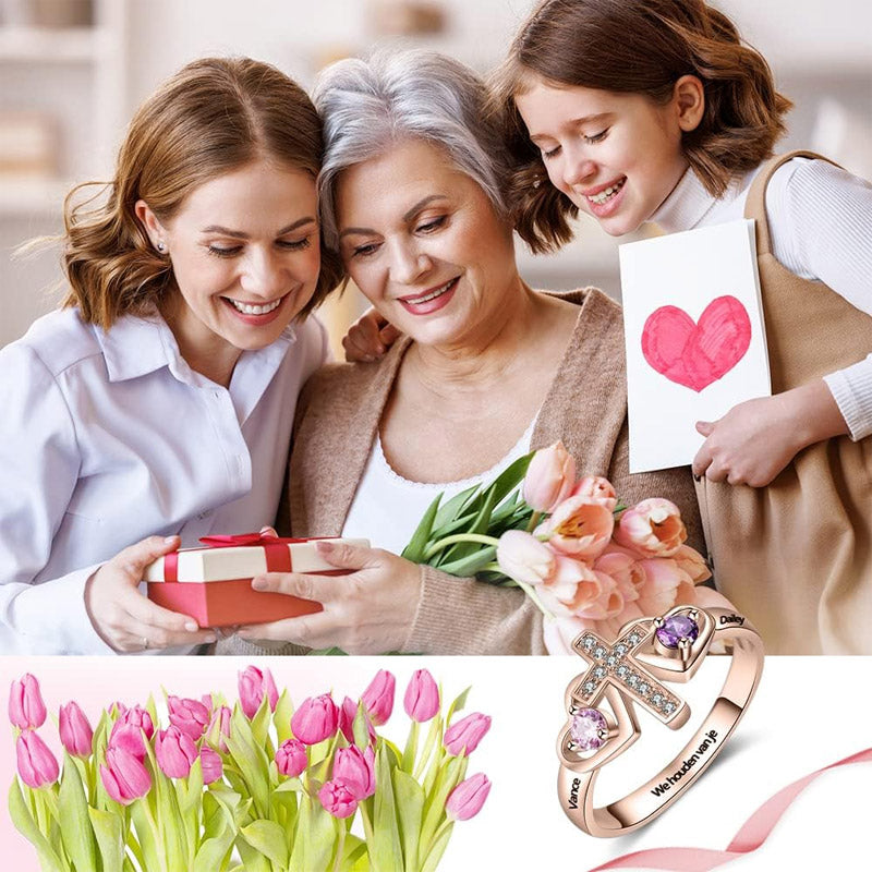 Bague en argent sterling avec nom personnalisé, pierre de naissance, promesse, croix