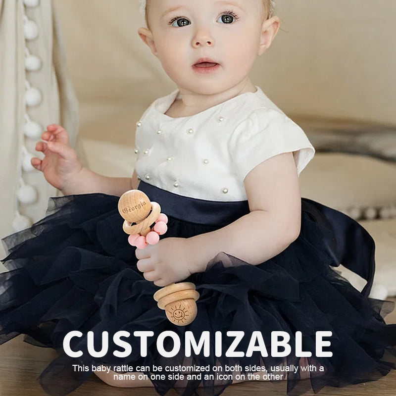 Personalized Wooden Baby Rattle with Engraved Name for Infant Baby Shower Birthday Gift
