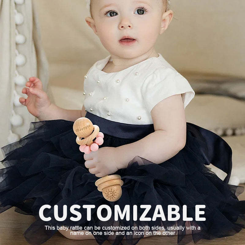 Personalized Wooden Baby Rattle with Engraved Name for Infant Baby Shower Birthday Gift