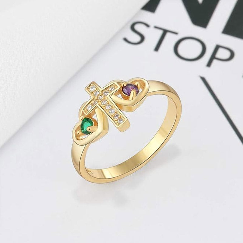 Bague en argent sterling avec nom personnalisé, pierre de naissance, promesse, croix