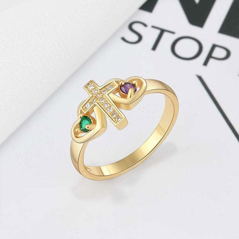 Bague en argent sterling avec nom personnalisé, pierre de naissance, promesse, croix